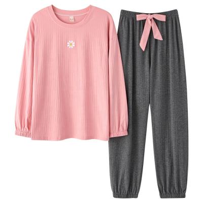 China Breathable Crew Neck Long Sleeve Long Pants Sleepwear Fashion Style Casual Style Pajamas Set Pj Set Woman Clothes Ladies Cotton Solid for sale