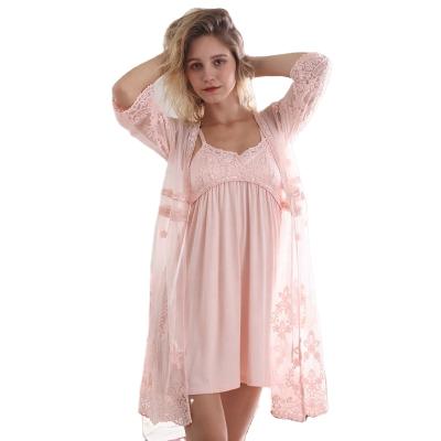 China Vintage Breathable French Style Women Pink Robe Nightgown Lingerie Set Nightgown Set Lace Jacquard Elegant Lounge Wear Set Sexy Women Nightgown for sale