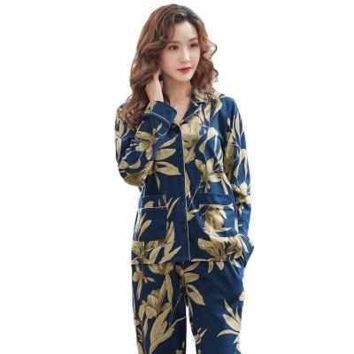 China Luxury Women's Breathable Pajamas Set 100% Cotton Female Pajamas Royal Blue Floral Print Long Sleeve Plus Size Elegant Home Clothes New for sale