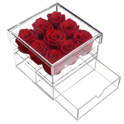 China Yuntu Natural Hot Sale Custom Durable Acrylic Rose Flowers Eternal Roses In Touch Clear Preserved Place Box Forever For Valentine for sale