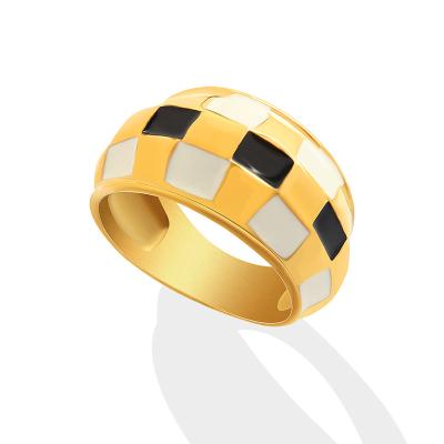 China Wholesale TRENDY Gold Rhodium Plated Stainless Steel Enamel Black White Checker Trendy Ring For Women Men for sale