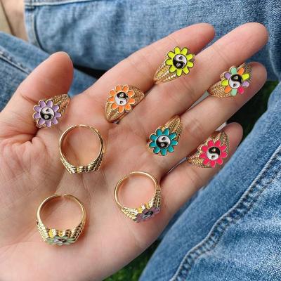 China FASHIONABLE Delicacy Beautiful Chunky Gold Plated Heart Flower 2021 Shape Colorful Enamel Yin Yang Tai Chi Finger Rings Wholesale for sale