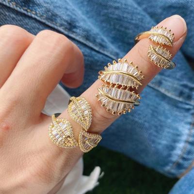 China New Fashion TRENDY Crystal Ring Beautiful Hot Selling White Pave CZ Ring Leaf Finger Ring for sale