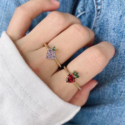 China Delicacy Fruit Zircon Strawberry Finger Ring Gold Plated Cherry Rings Jewelry Colored Cubic Different Jewelry Supply Cute Trendy Cute for sale