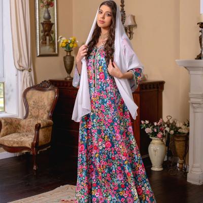 China Polyester Fiber Gami Low Price Islamic Custom Eid Printed Floral Abaya Long Sleeve Maxi For Muslim Woman Plu Size Women's Dress for sale