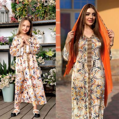 China Polyester Fiber Woman Muslim Clothing Eid Printed Floral Abaya Plu Size Women's Dress for sale