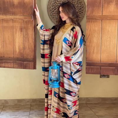 China 2022 Polyester Fiber Woman Robe Scarf Muslim Hijab Eid Printed Floral Abaya Islamic Clothing for sale