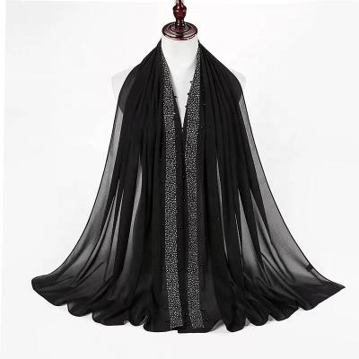 China Best Selling Elegant Plain Chiffon Women Hijab Color Beaded Long Muslim Hijab Scarf Georgette Scarf Shawls Scarves for sale