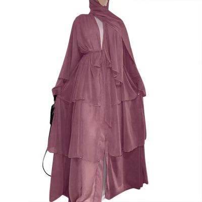 China Elegant Arab Chiffon Dubai Turkey Abaya For Women Muslim Solid Color Traditional Muslim Dresses Islamic Clothing Abaya Open 3 Layers for sale