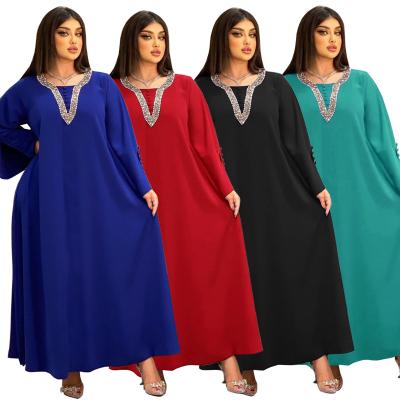 China Factory Eid Solid Color Beads Modest Muslim Khimar Hijab Abaya Polyester Polyester Plus Size Women's Dress for sale