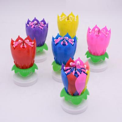 China Factory wholesale lotus cake decoration color music burning rotating flowering candle for sale