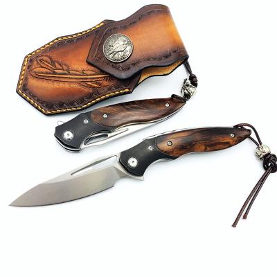 China Austria M390 Folding Non-variable Steel Knives Drop Ironwood Handle With Leather Sheath Pocket EDC Outdoor Camping Hunting Tactical Knife for sale