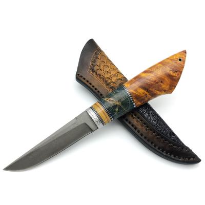 China Handmade Damascus Wootz Knife Nordic Style Straight Non-variable Steel Blade With Leather Sheath Camping Outdoor Hunting Knives for sale