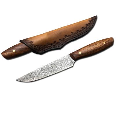 China Universal Non-variable Damascus Steel Portable Knife With Leather Sheath Outdoor Picnic BBQ Meat Cutting Fruit Camping Hunting Knives for sale