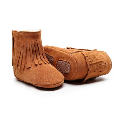 China Hot Sale Anti-slippery Genuine Leather Baby Snow Boots Fringe High Solid Color Baby Shoes Toddler Rubber Hard Sole Moccasins for sale