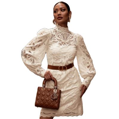 China Anti-static Ladies Embroidered Office Dress White Stand Collar Hollow Midi Formal Dress for sale