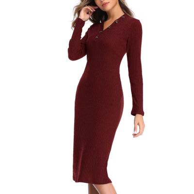 China Autumn And Winter V-Neck Anti-Static Button Knit Down Dress Slim Long Sleeve Sweater Maxi Dress for sale