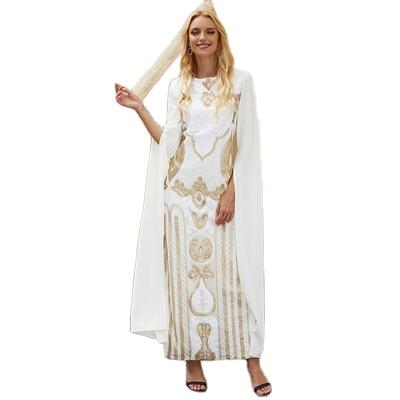 China Gold Embroidered Muslim Middle Eastern Dress 80s Dubai Abaya Prom Dress Women's White Long Sleeve Maxi Dress for sale