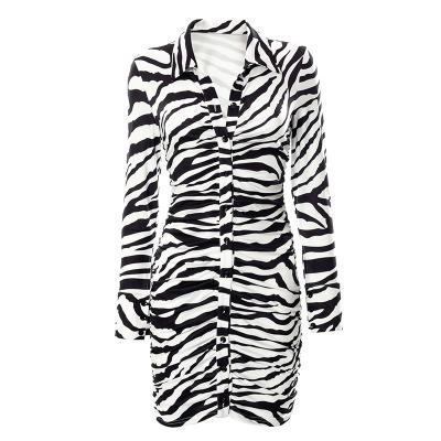 China Women's Zebra Print Breathable Lapel Long Sleeve Cardigan Straight Pleated Shirt Dress for sale