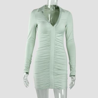 China Anti-Wrinkle Women Elegant Long Sleeve Deep V-Neckline Bodycon Pleated Shirt Dress for sale