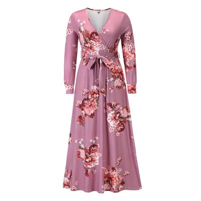 China Factory wholesale women's long sleeve plus size v neckline floral knitted dress anti-static maxi for sale