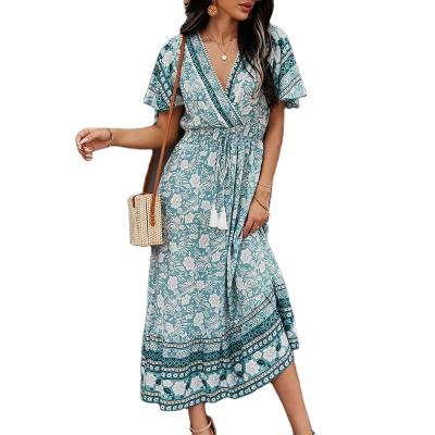 China Floral Bohemia Style High Waist Strap Fringe Anti-Wrinkle Women's V-Neck A-Line Dress for sale