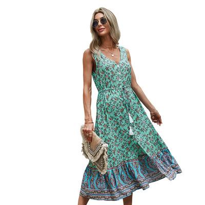 China Vacation Breathable Bohemian Casual Style Women's V-Neck Sleeveless Split A-Line Dress for sale