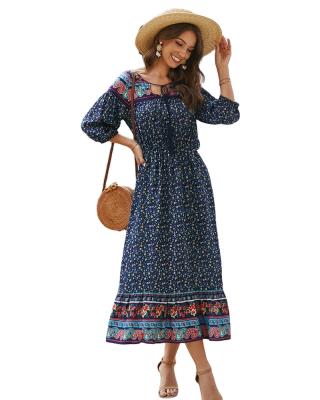 China Women's Breathable Bohemian Floral High-Waist Lace-Up A-Line Dress for sale