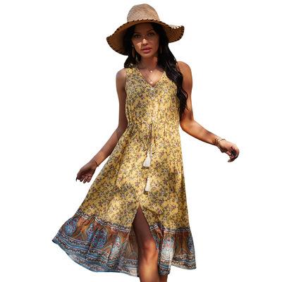 China Vacation Breathable Bohemian Casual Style Women's V-Neck Sleeveless Split A-Line Dress for sale