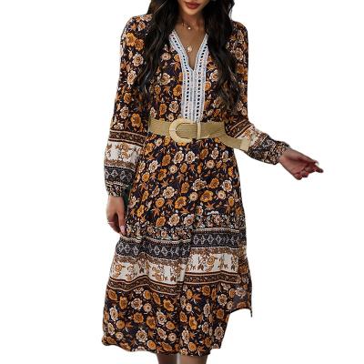 China Breathable Bohemian Long Sleeve Floral High-Waist Women's A-Line Dress for sale