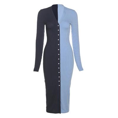 China Contrast Color Women's V-Neckline Fashion Straight Long Sleeve Breathable Cardigan Stitching Slim Dress for sale