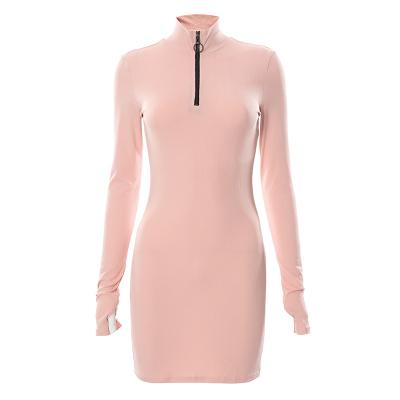 China High-Neck Breathable Zipper Style Women's Long Sleeve Bodycon Slim Ribbed Knitted Dress for sale