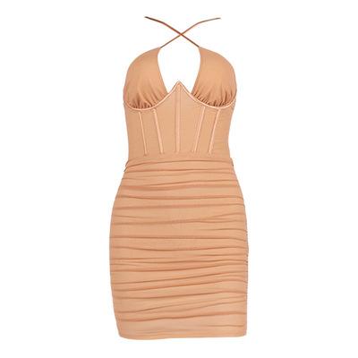 China Women's Breathable Cross Halter Backless Fishbone Pleated Bodycon Mini Dress for sale