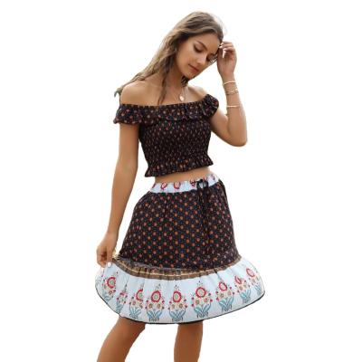 China New Breathable Summer Women's Strapless Short Sleeve Ruffles Crop Top A Line Skirt Bohemian Floral Two Piece Set for sale