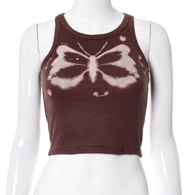 China Breathable Butterfly Printing Women's Rib Knit Sleeveless Tank Tops Tight Crop Top for sale