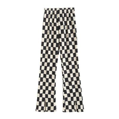 China Anti-pilling women's pleated wide-leg split pants checkerboard casual high-waist flared pants for sale