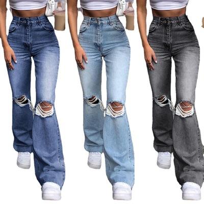 China Breathable Vintage-Edge Ripped Casual Pocket Pants Wide-Leg Women's High-waisted Jeans for sale