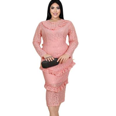 China Long Sleeve Slim Round Neck Viable Women See Through Ruffled Lace Slit Plus Size Dress Dress for sale