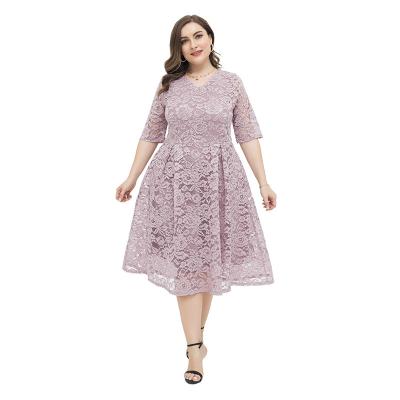 China Sustainable Romantic Sweet Half Sleeve High Waist Lace Hollow Midi Dress Women Plus Size Casual Dress for sale