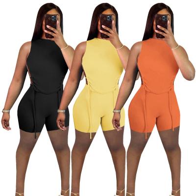 China Anti-pilling sheer color halter drawstring pleated tie home women's plus size two-piece shorts suit girl for sale