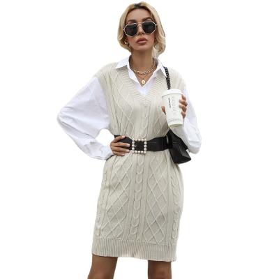 China Women's Solid Color Breathable V-Neck Knit Sweater Vest Long Sweater Dress for sale