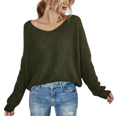 China Anti-wrinkle Ladies Solid Color One Shoulder Lace Backless Loose Pullover Knitted Sweater for sale