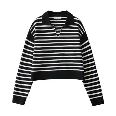 China Anti-Wrinkle Women's Lapel V-Neck Loose Casual Striped Pullover Knitted Sweater for sale