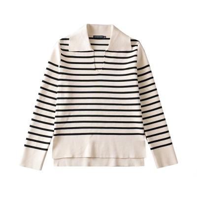 China Anti-Wrinkle Women's Lapel V-Neck Loose Casual Striped Pullover Knitted Sweater for sale