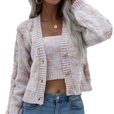 China Anti-pilling Round Neck Knit Loose Vest Variegated Cardigan Plus Size Women Sweater Two Piece Set for sale