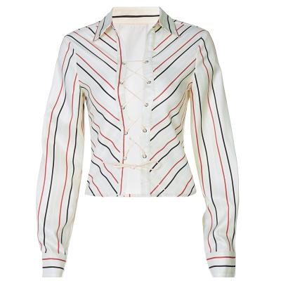 China Anti-pilling Women's Lapel Hollow Out Shirt Lace-up T-shirt Crop Long Sleeve Striped Top for sale