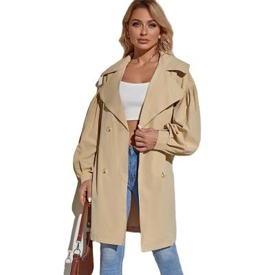 China Women's Retro Lantern Sleeve Breathable Casual Cross Belt Anorak Khaki Long Trench Coat for sale