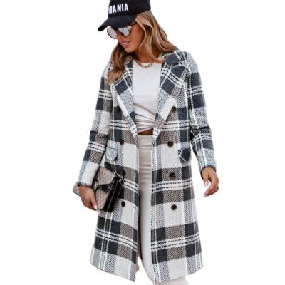 China Fashion Women's Winter Jacket Woolen Winter Jacket Breathable White Black Lapel Plaid Long Outwear The Ditch Coat for sale