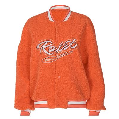 China Breathable Women's Loose Plush Coat Embroidered Single Breasted Fleece Baseball Jacket College Jacket for sale