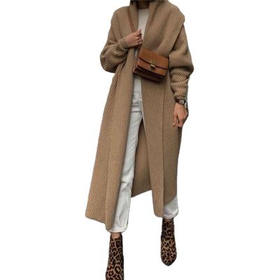 China Winter Women's Brown Knitted Sweater Solid Color Breathable Lapel Long Jacket Loose Coat for sale